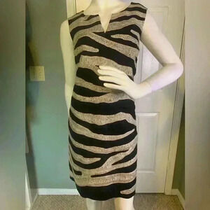 Michael Kors sleeveless 100% linen print zebra dress size 8 Black Beige. #301
